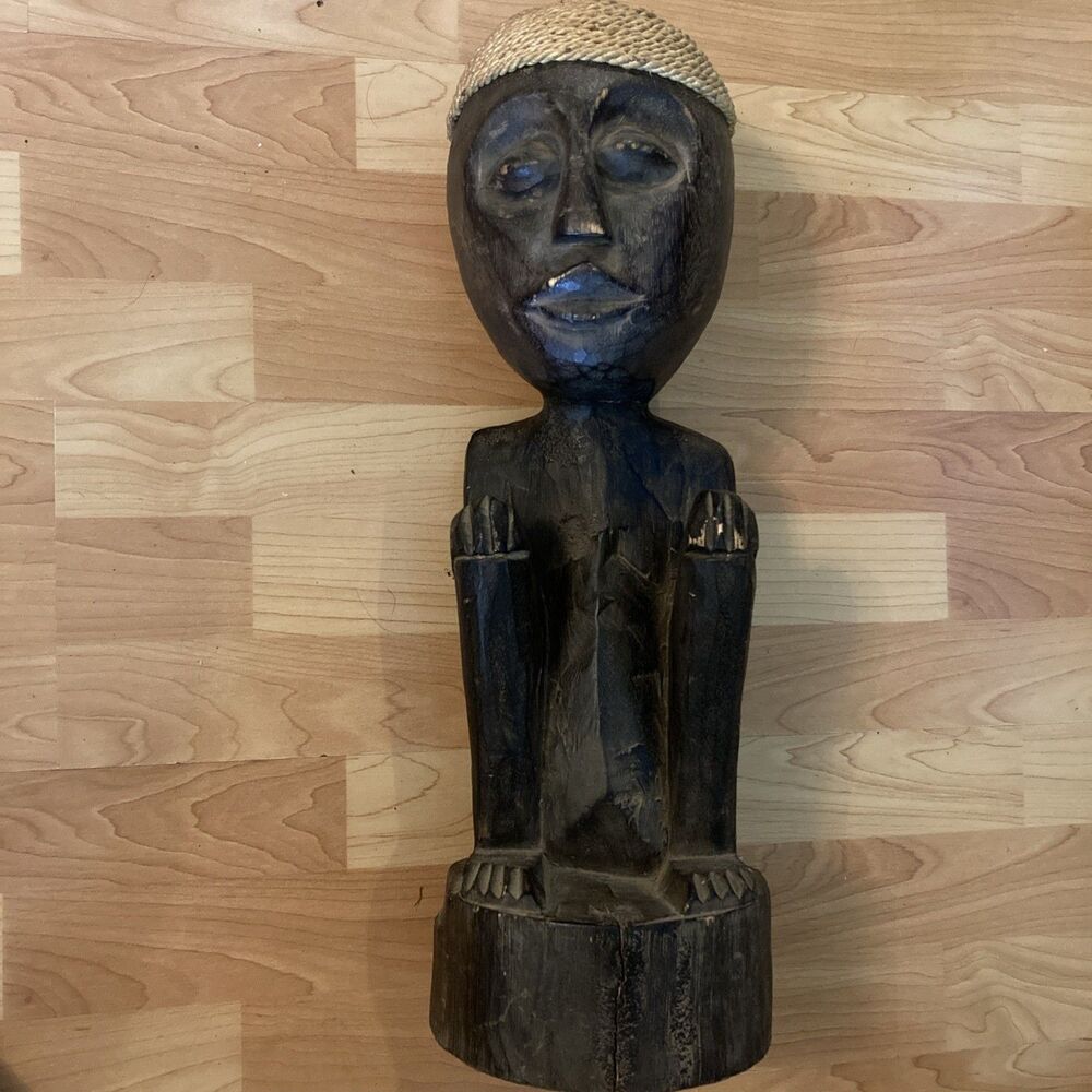 Vtg African Tribal Wood Hand Carved Primitive Statue Seated Figure Rope Hat
